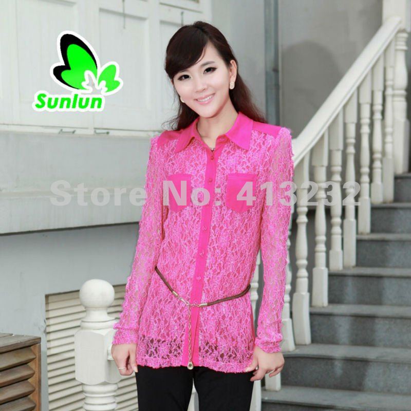 Free Shipping Sunlun Fantasy Zone Ladies' Stylish Stitching Lace Shirt Women Shirt Three Colors Available