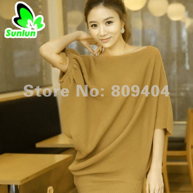 Free Shipping Sunlun Ladies' Collar Irregular Short-sleeved Sweater/Fashion Coat/Bat Sleeve