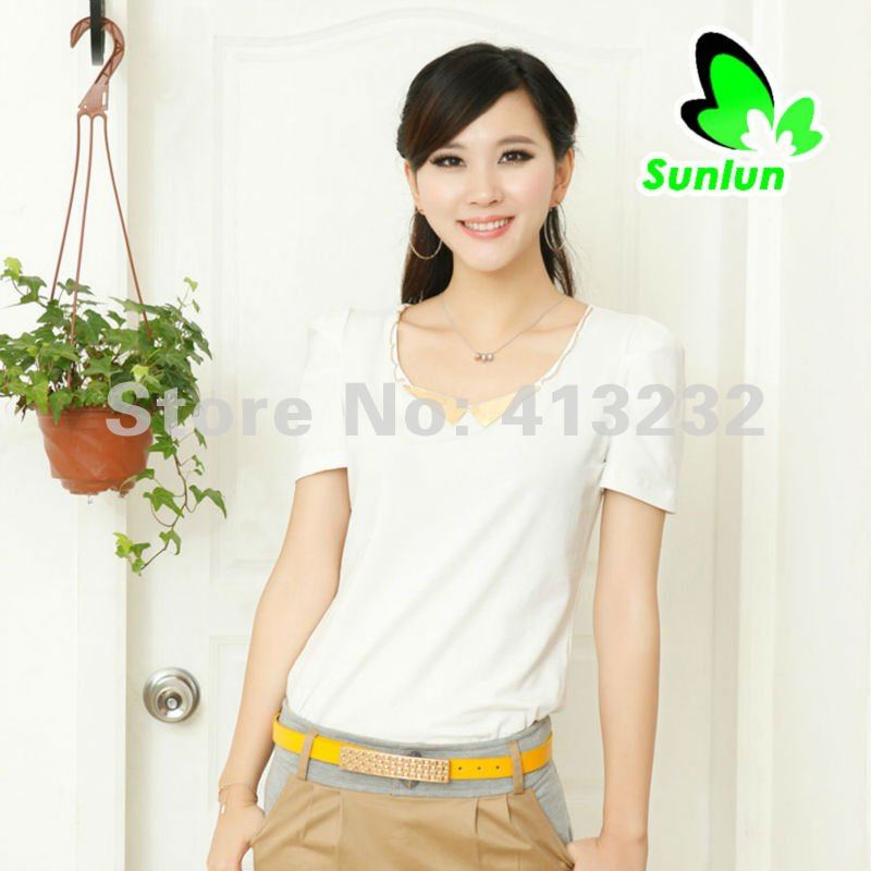 Free Shipping Sunlun Ladies' Fashion Metal Sequins Decorated Short Sleeve Cotton Shirt Women Solid Shirt 2012 New Arrival