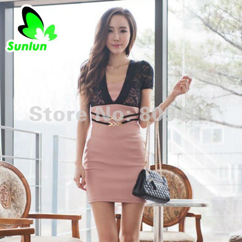 Free Shipping Sunlun Ladies' New Korean Lace Package Hip Dress Slim Dress 2012 New Arrival