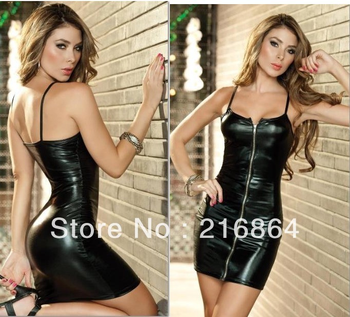 Free shipping-Super sexy and fashion black cross tight halter zipper cardigan Dresses&ladies' leather dresses