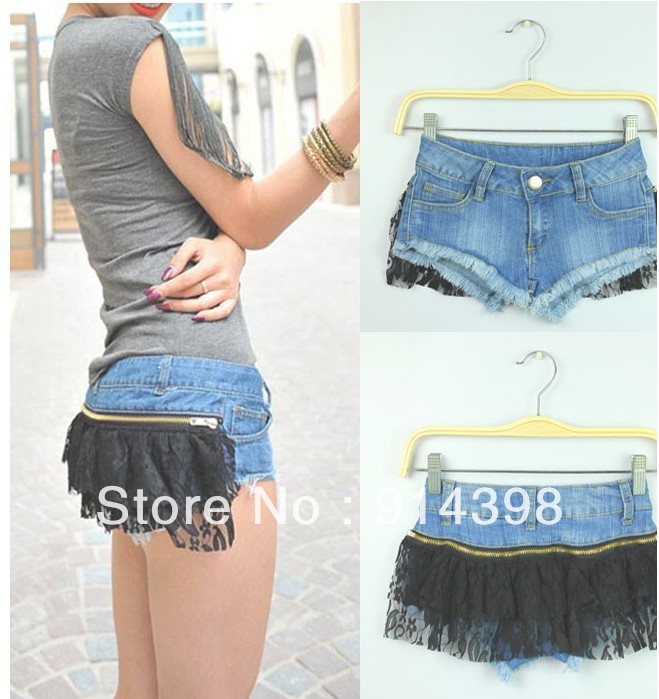 Free shipping SuperValu dance club raised buttocks  detachable lace  miss sexy jeans shorts mini shorts 015
