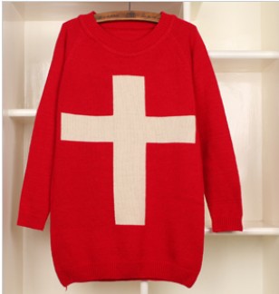 Free Shipping SW-016 Fashion White Cross Printed Sweater Women Pullovers Knitwear Geometry Sweaters 4 Colors