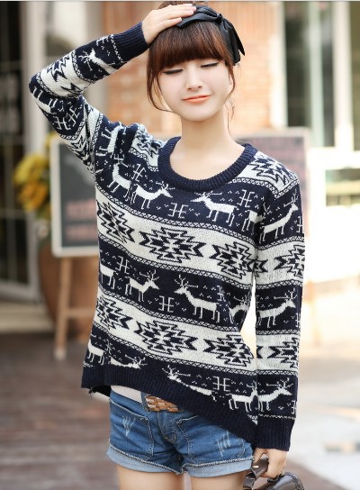 Free Shipping SW-067 Geometry Fawn Printed Knitted Sweater Women Fashion Vintage Warm Loose Pullovers Casual Wear 4 colors