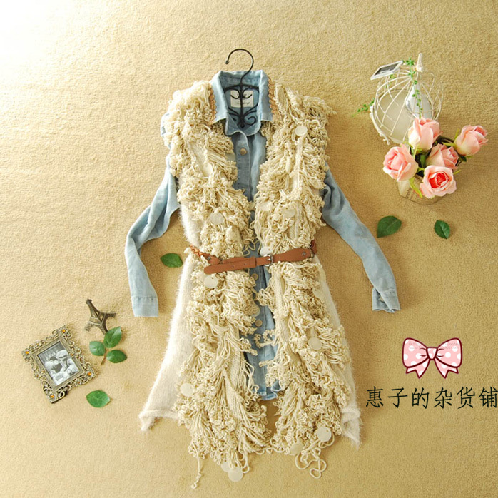 free shipping Sweater outerwear female autumn and winter sleeveless cardigan vest yarn cape tassel vest medium-long apricot