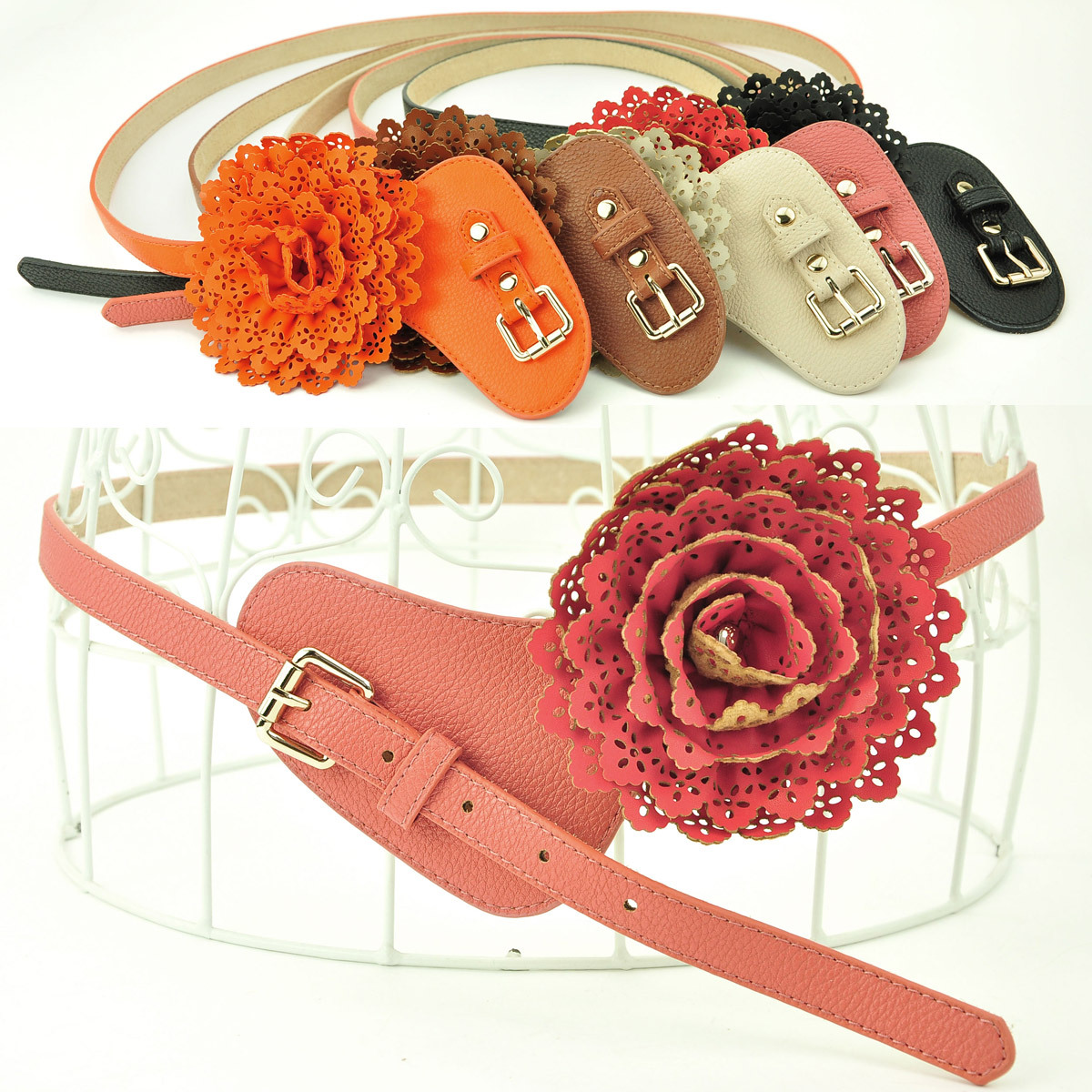 Free Shipping Sweet big flower decoration belt genuine leather sheepskin surface quality excellent belt women's