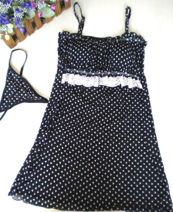 Free shipping! Sweet black small pink lace princess spaghetti strap nightgown lovely sleepwear t