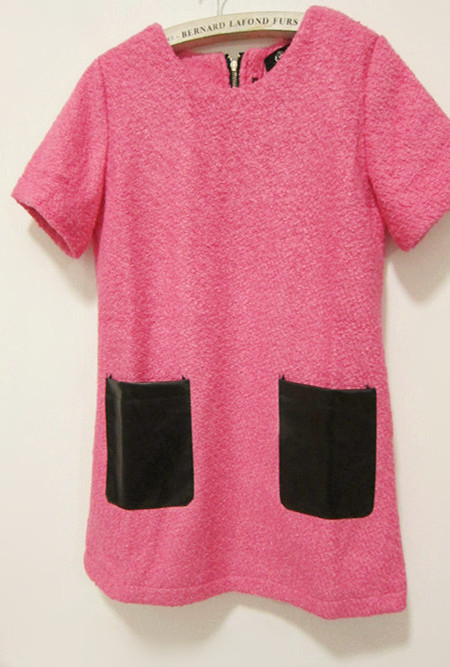 Free Shipping Sweet fushia leather pocket back zipper woolen dress High Quality Fashion basic skirt(Gray+Rosy)121219#9