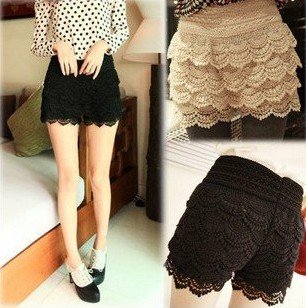 Free shipping Sweet Lace Crochet Flower women Shorts leggings / Hot pants Black and beige color lace E601