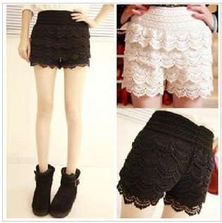 Free Shipping Sweet Lace Crochet Flower Women Shorts Leggings /Pants Black and Beige Color Lace Shorts