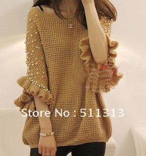 FREE SHIPPING sweet large size loose pearl lace batwing blouse knitwear sweater