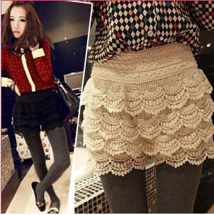 Free shipping Sweet lovely high quality crochet Elastic belt waist women's Stacked lace shorts black,apricot color