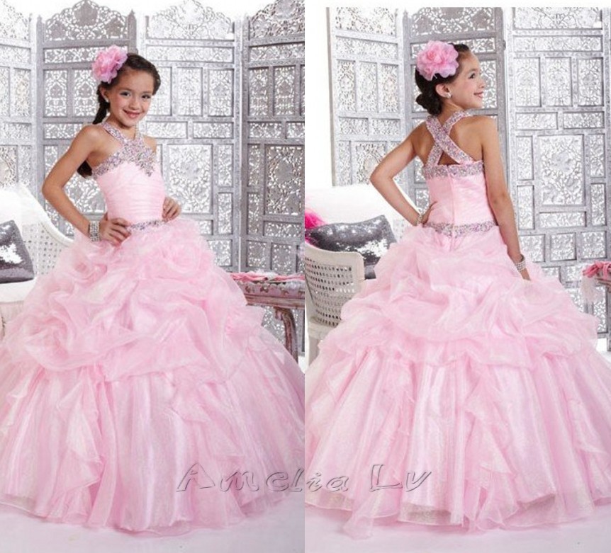 Free Shipping Sweet Pink Ball Gown Beaded Halter Ruched Bodice Pick Up Skirt Organza Flower Girl Dresses Girl Pageant Dresses