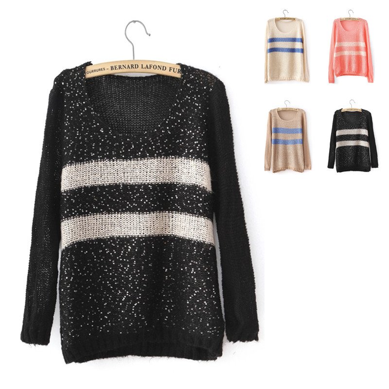 Free shipping sweet sequins stripe sweater round collar long sleeve coat ladies casual pullover top autumn knitting sweater