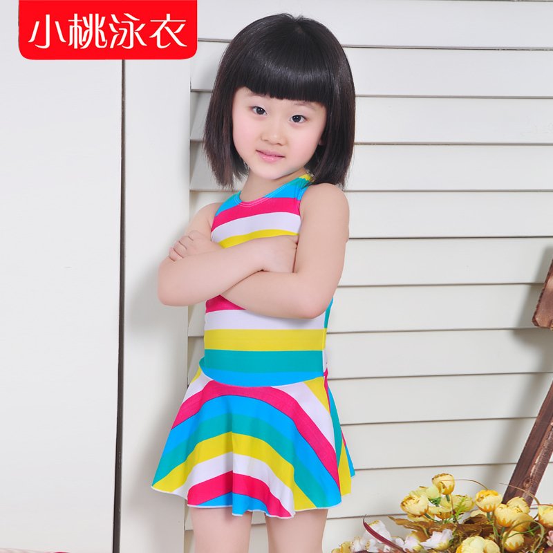free shipping Sweet stripe one-piece dress child swimwear