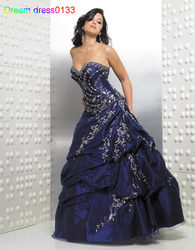 Free Shipping Sweetheart Neck Custom made Navy Blue Satin Taffeta Tulle Embroidery Beading A-Line Quinceanera Dress Formal Gown