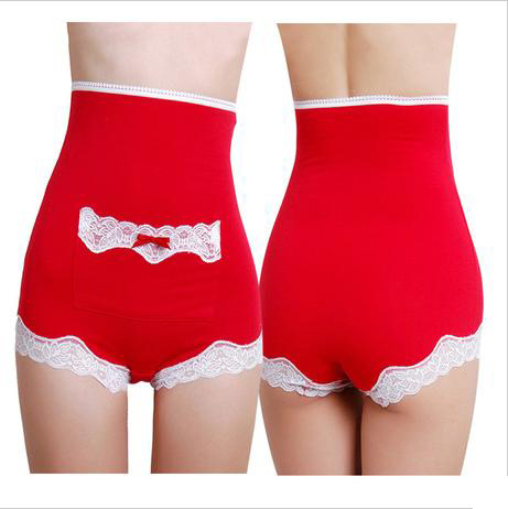 Free shipping sweety lace black red high waist thermal underwear women fashion abdomen drawing pants with front pocket WU1743