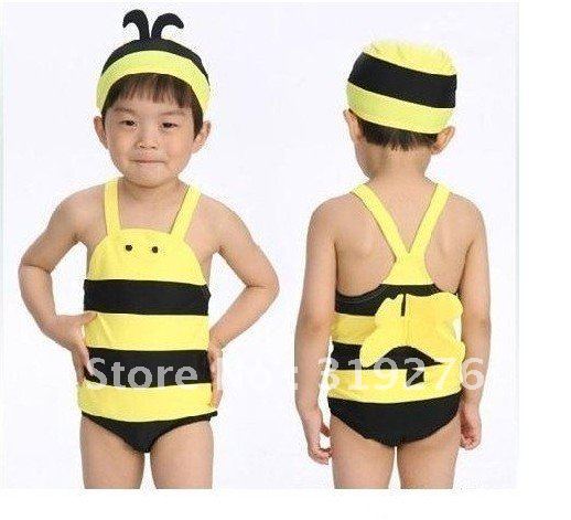 Free shipping swimwear suit +cap/ bee baby swimwear suit
