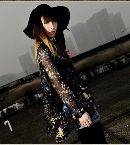 Free Shipping Symphony Star chiffon long-sleeved loose sense of perspective Shirt TB1496