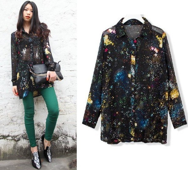 Free Shipping Symphony Universe Star long-sleeved loose chiffon blouse women printed long shirt lady fashion clothes