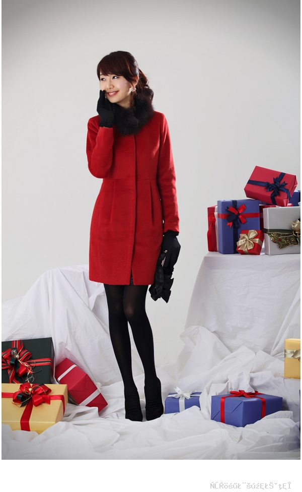 Free Shipping Sz8077 women's slim elegant wool coat large fur collar