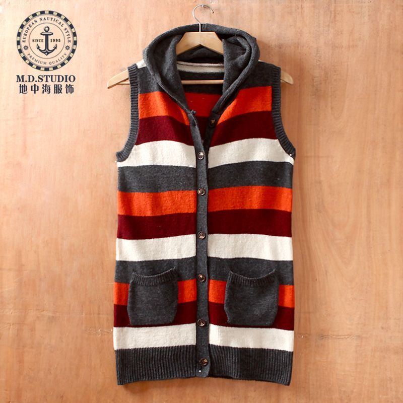 free shipping T3742 wool blending with a hood medium-long vest style sweater outerwear cardigan sweater dress