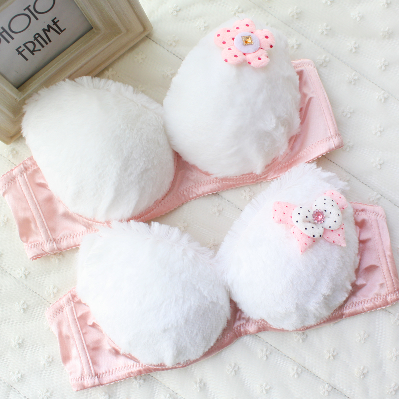 free shipping! Teddy plush white solid color autumn and winter furry princess push up bra set