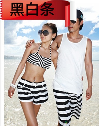 Free  shipping The beach pants black and white stripe trousers shorts female men and women 13030018