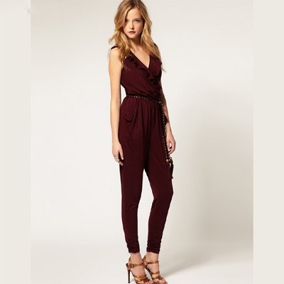 Free Shipping The deep V Lotus collar sleeveless women's jumpsuit