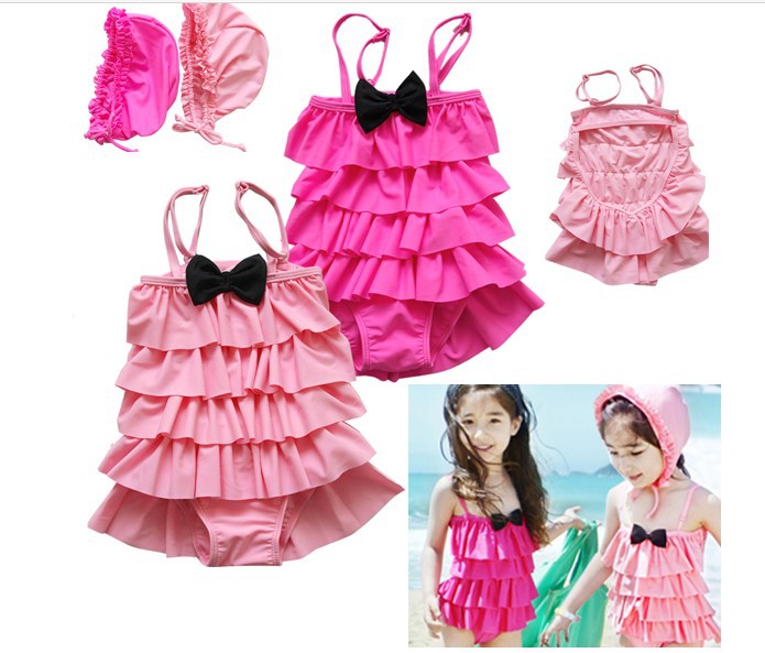 Free shipping The girls cake bow sling Siamese swimsuit hooded