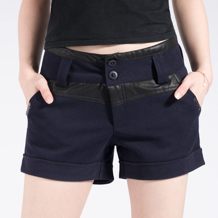 Free Shipping The new autumn and winter was thin PU leather stitching casual women shorts