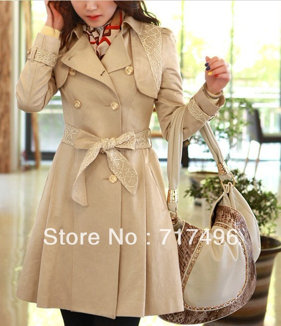 Free shipping The new female autumn Korean version of slim lace lace large lapel coat windbreaker three color three size