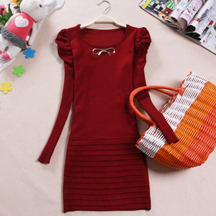 Free Shipping The New Knitted Spring  Puff Sleeve Round Neck And Long Pleated Package Hip Dress 58315