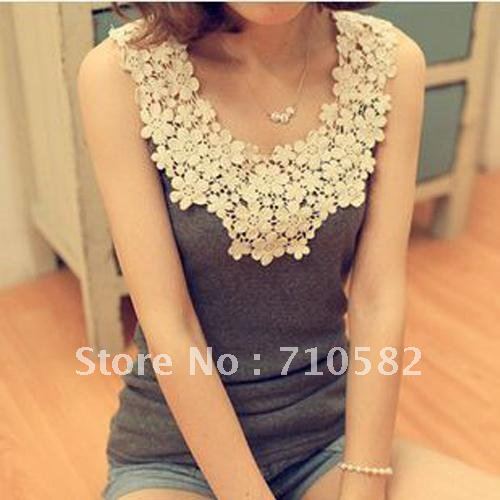 Free shipping the newest style women hook flower necked lace camisole, Supporter vest, under shirt(grey)