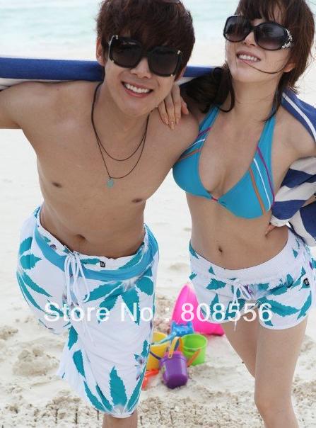 Free Shipping the price of two light blue maple leaf couple beach pants women/men shorts of beach trousers style lovers