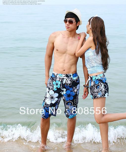 Free Shipping the price of two pants blue flowers  couple beach pants women/men shorts of beach style trousers in stock
