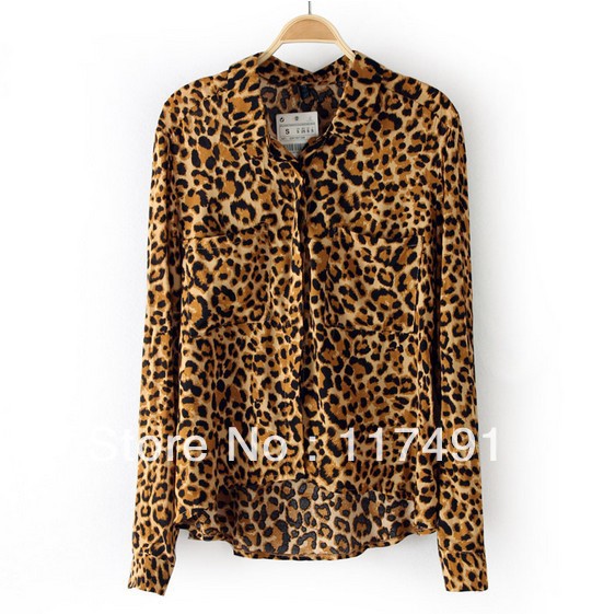 free shipping The spring new Leopard Print Ms. Chiffon One shirt European and American style zar* ft203