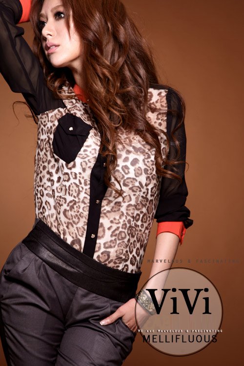 Free Shipping The Stunning~England Match Colors Leopard Grain Chiffon Tops Shirt E118291