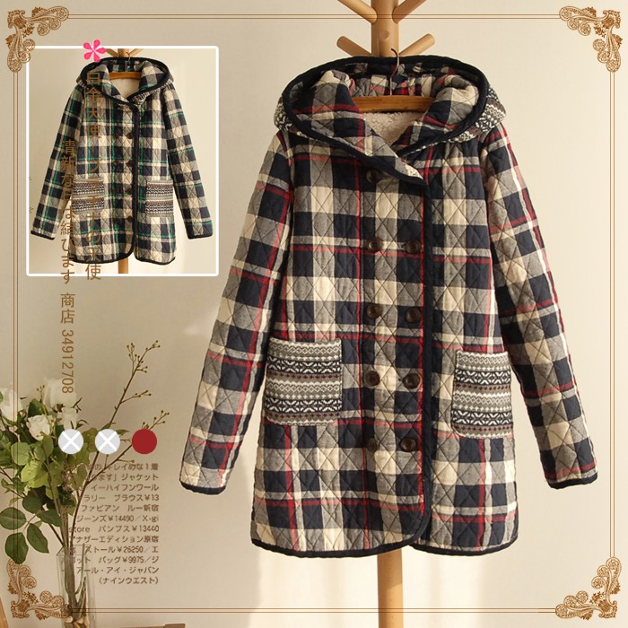 Free shipping Thermal massifs plus velvet national trend hooded plaid wadded jacket outerwear 2013 spring 9225