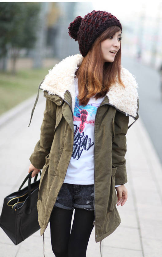 Free shipping thicken Army Green lapel berber fleece wadded jacket plus size fur collar trench women fashion overcoat outerwear