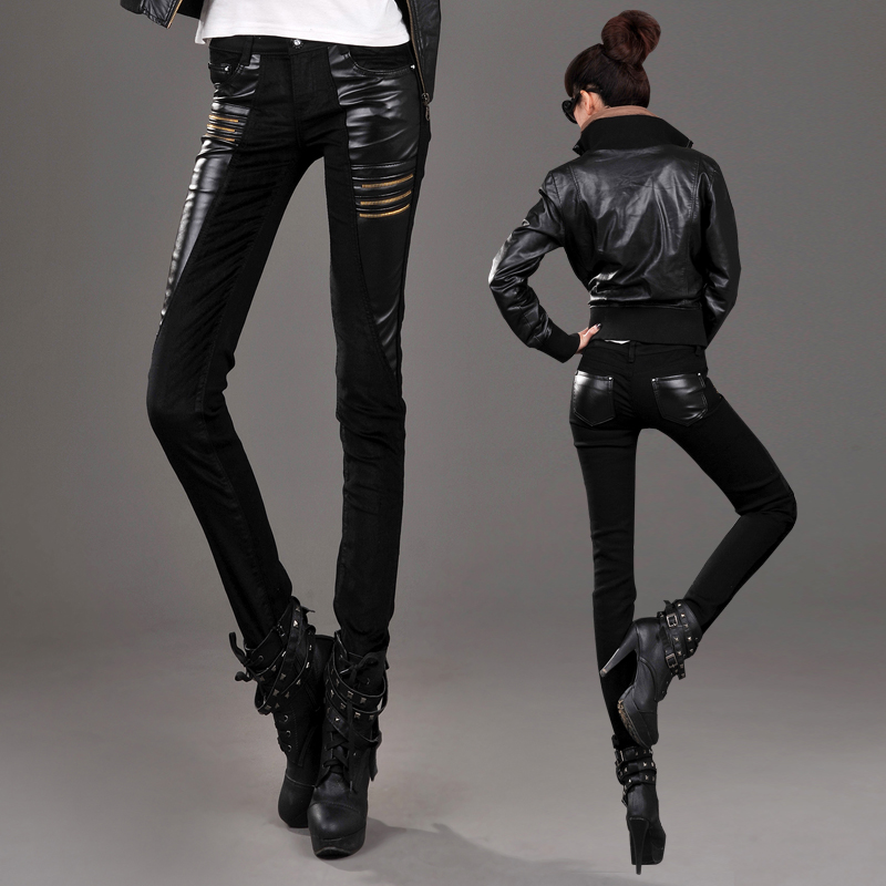 Free Shipping Thickening fashion PU patchwork legging skinny pants pencil pants leather pants slim boot cut jeans