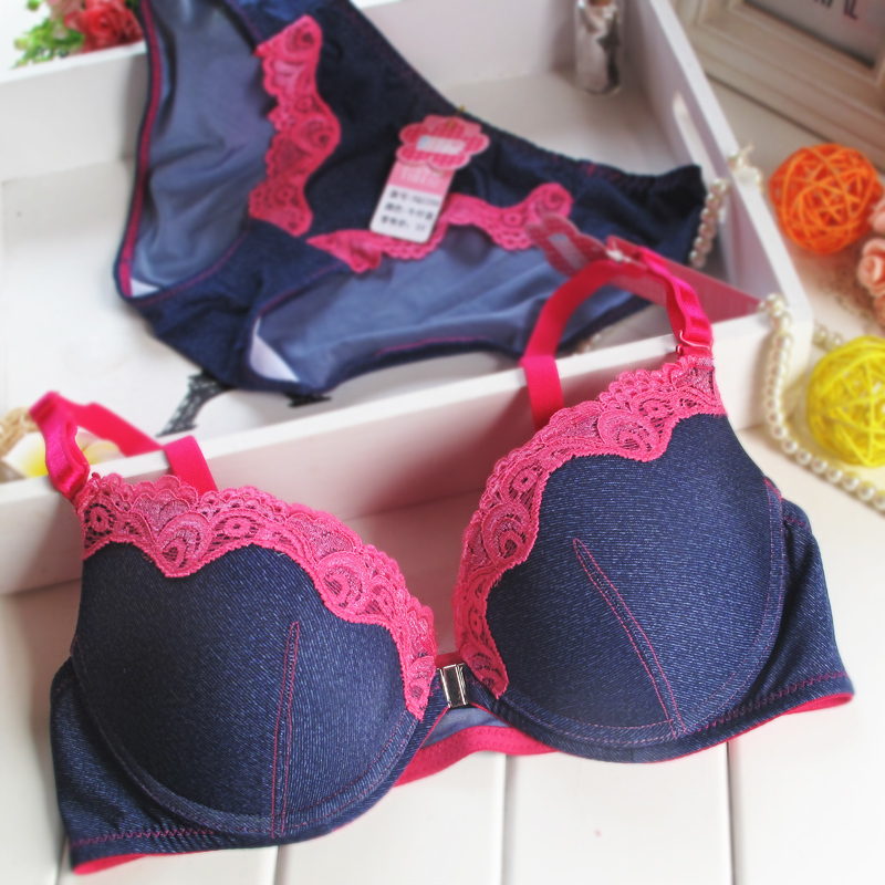 free shipping Thickening front button denim lace sexy comfortable women's underwear bra set