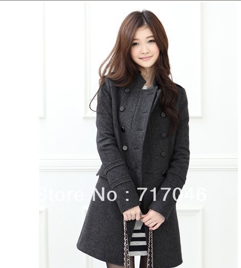 FREE SHIPPING Thickening slim overcoat outerwear slim double breasted woolen stand collar long design overcoat