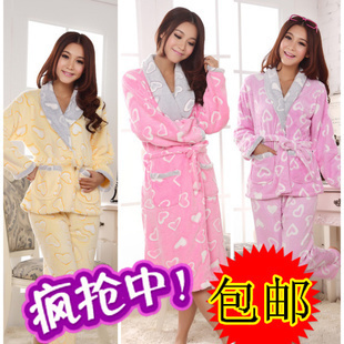 Free shipping Thickening turn-down collar heart coral fleece sleepwear women's thermal sleep set princess sleepwear