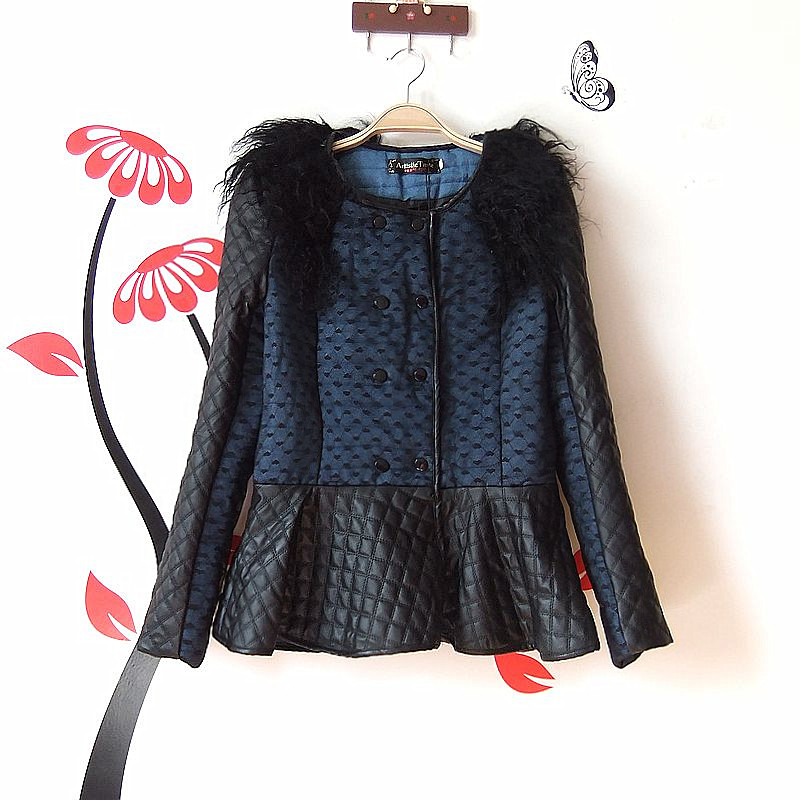 Free Shipping Thickening women's short design PU patchwork beach wool wadded jacket coat LDX