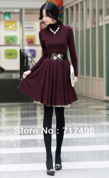 Free shipping Thin Korean slim turtleneck pendulum cashmere cotton dress with belt  two color free size