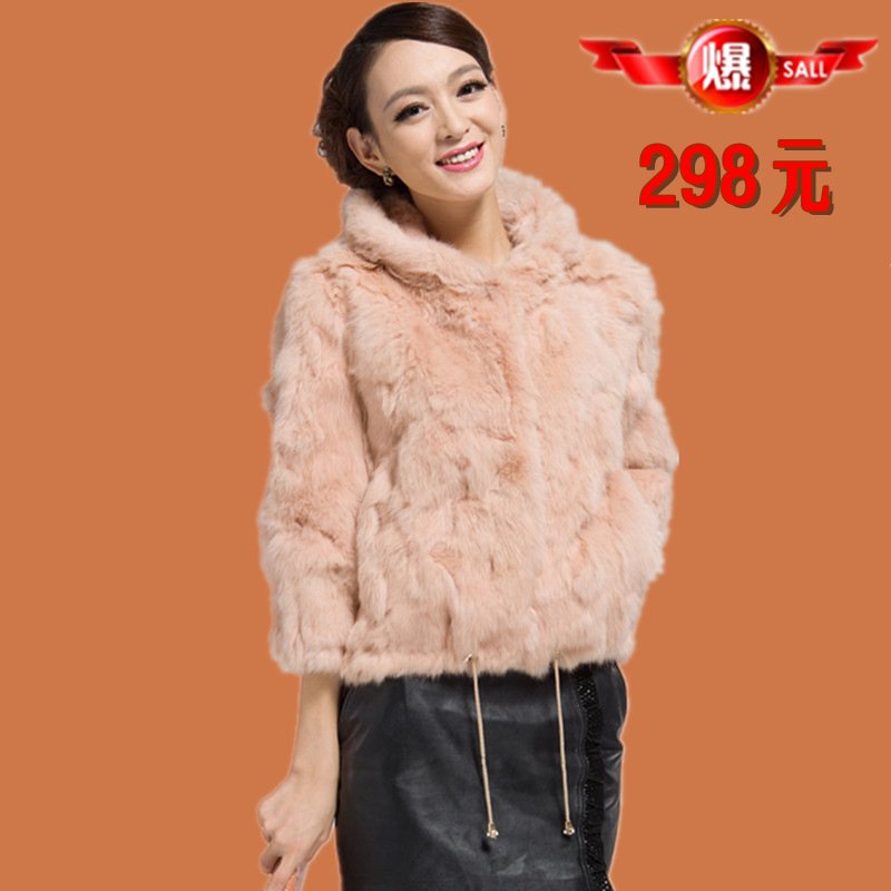 free shipping Three quarter sleeve hat hooded rabbit fur coat short design short design fur women's