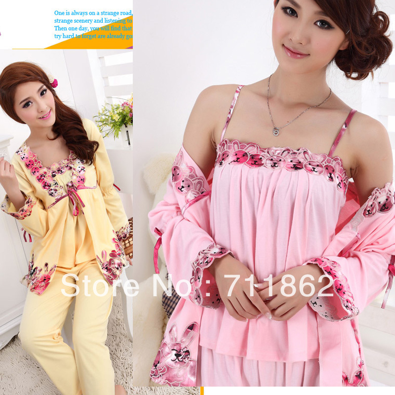 free shipping  three suit summer women's long-sleeve laciness knitted cotton sleepwear pajama