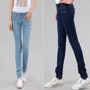 Free shipping Tight slim elastic high waist buttons light color jeans female skinny pants pencil pants casual pants