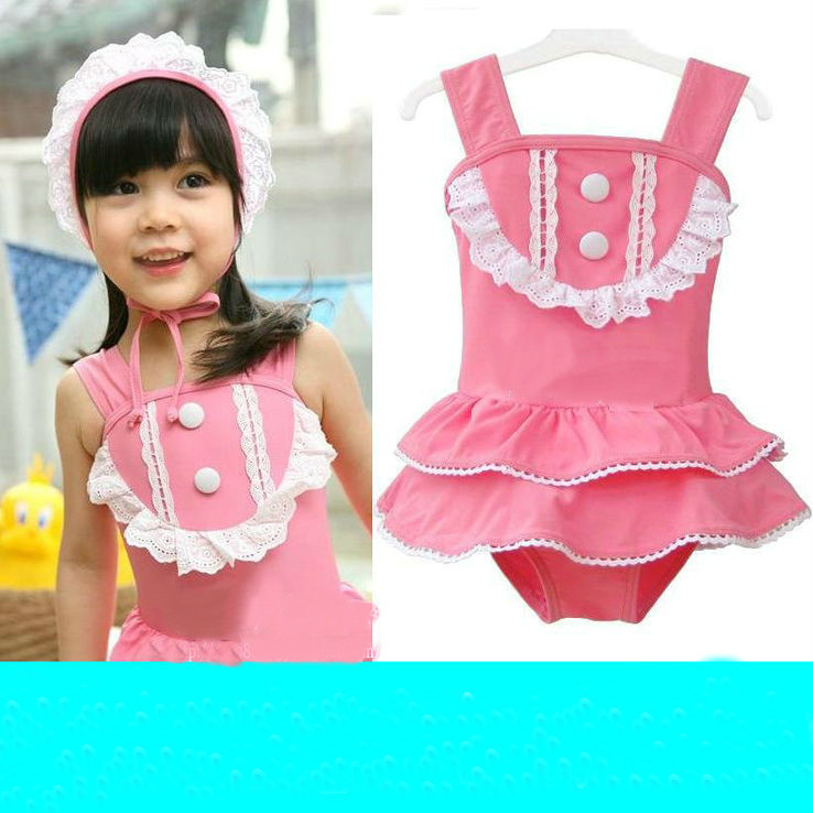 Free Shipping Toddler Swimwear Kids Girls Lace Barbie  Princess Swim Suit Beach Hats Pink Swimsuits 632
